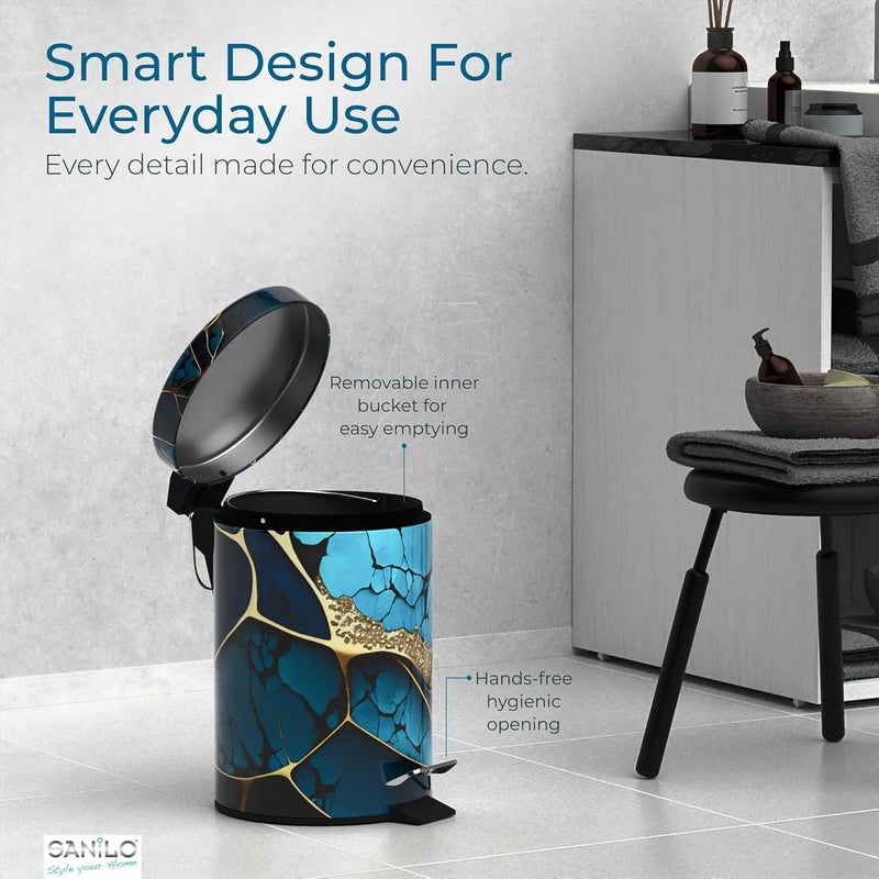 Sanilo Small Bathroom Trash Can with Lid [1.3 Gallon] - Lidded Tiny Trashcan for Garbage - Mini Metal Bin with Soft Closing Mechanism - Bath Room Accessoire Wastebin with Inner Bucket (Marble Cobalt) - Image 4